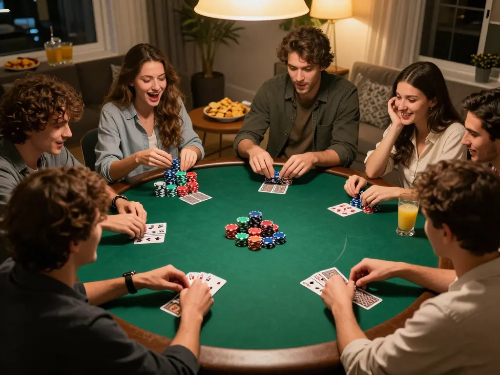 Players enjoying a thrilling poker night at home with fly88, showcasing strategic gameplay and camaraderie.