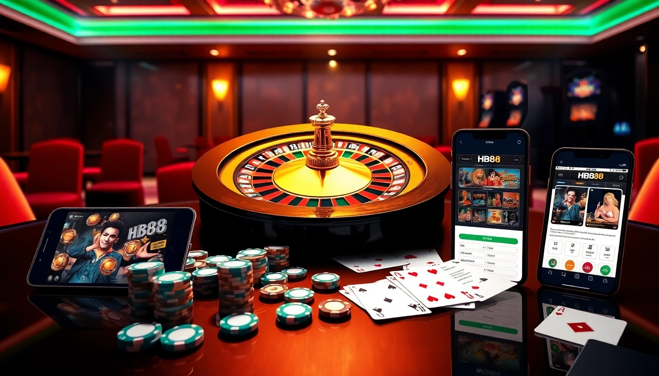 HB88 casino layout with interactive poker chips and a luxurious roulette wheel in an elegant setting.