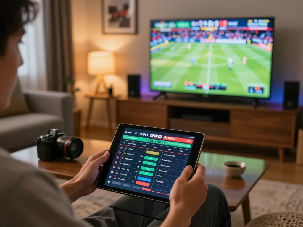 Engaging moment of a player using bl555 app for online sports betting in a cozy living room