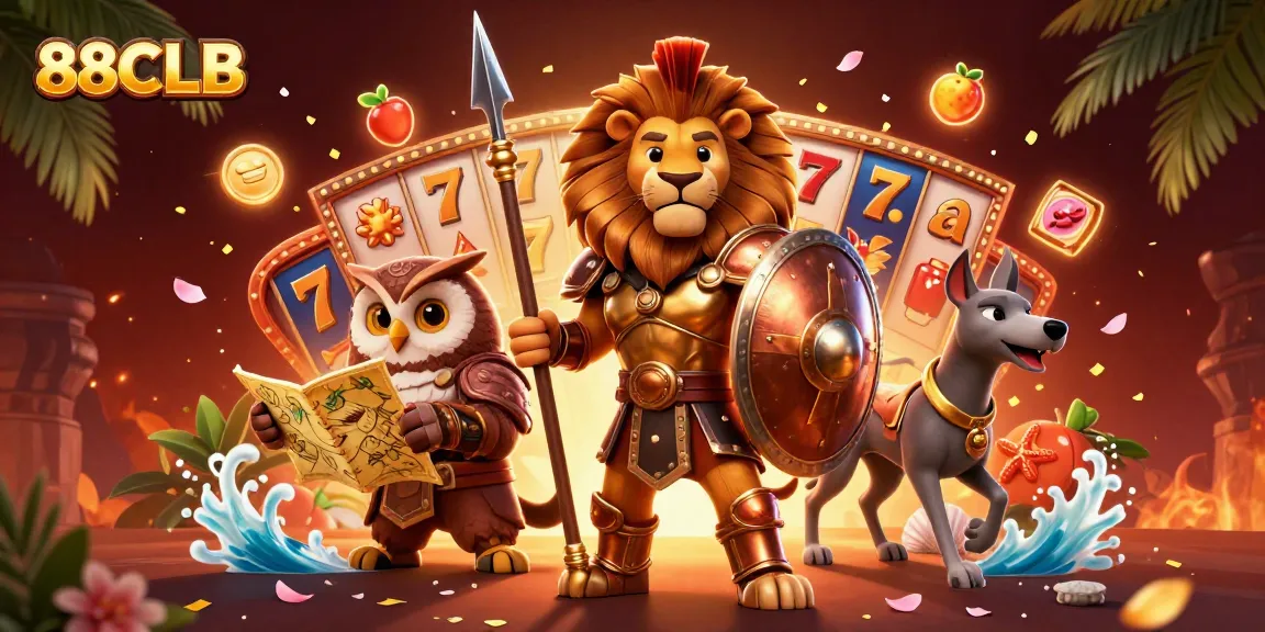 Win big at 88CLB with the Spartan lion, strategic owl, and swift greyhound surrounded by slot games.