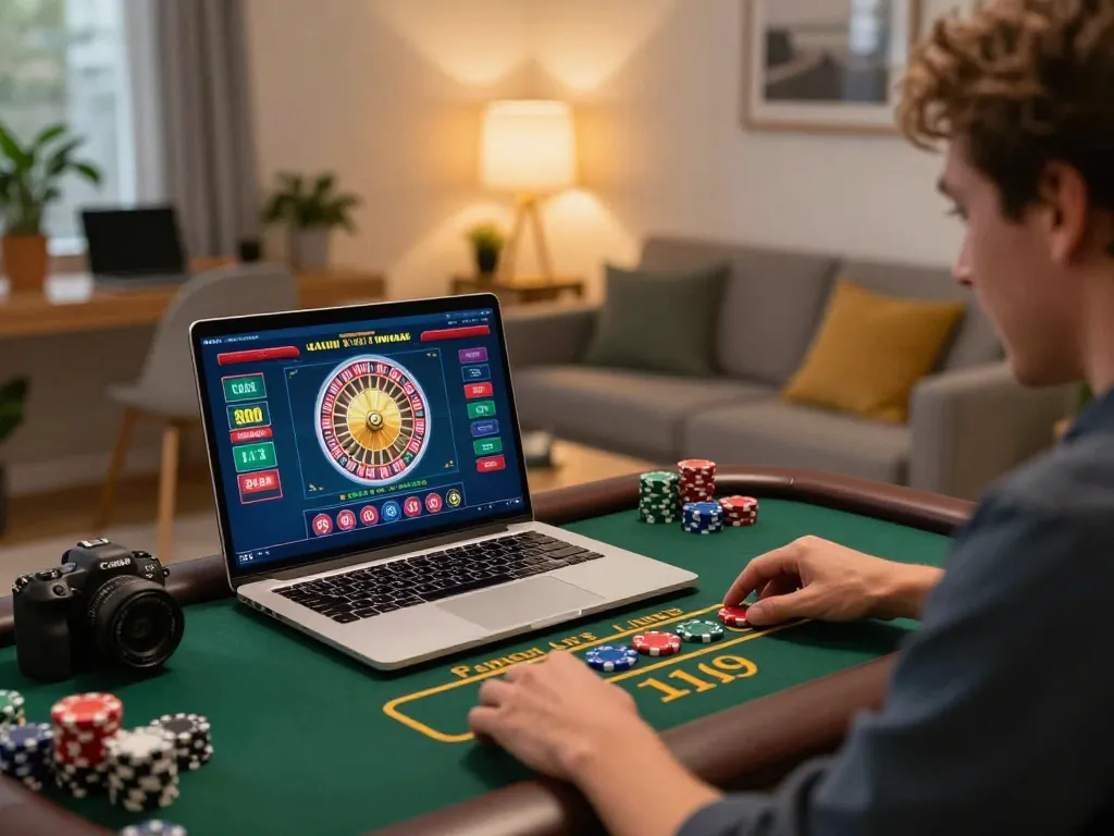 Engaging with online casino gameplay showing chips and roulette at home, spotlighting 678 gaming excitement.