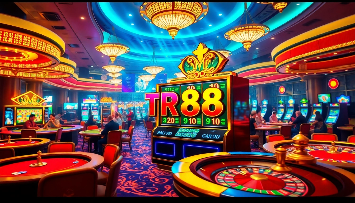 Players experiencing the excitement of the TR88 slot machine at a lavish casino.