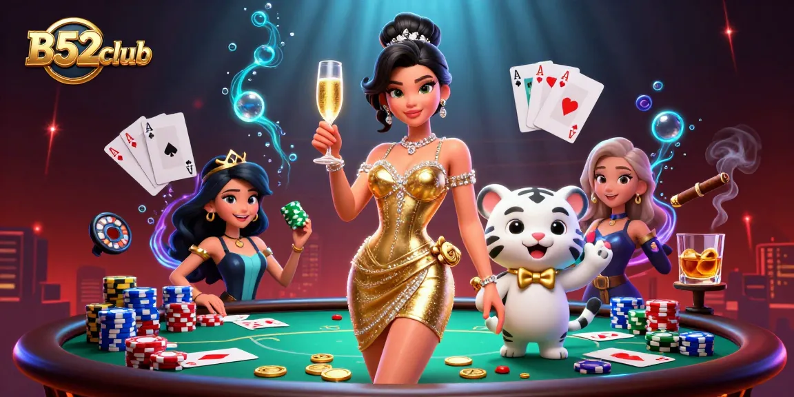 B52club showcases a glamorous scene with a glamorous woman and a lucky tiger cub surrounded by poker chips and games.