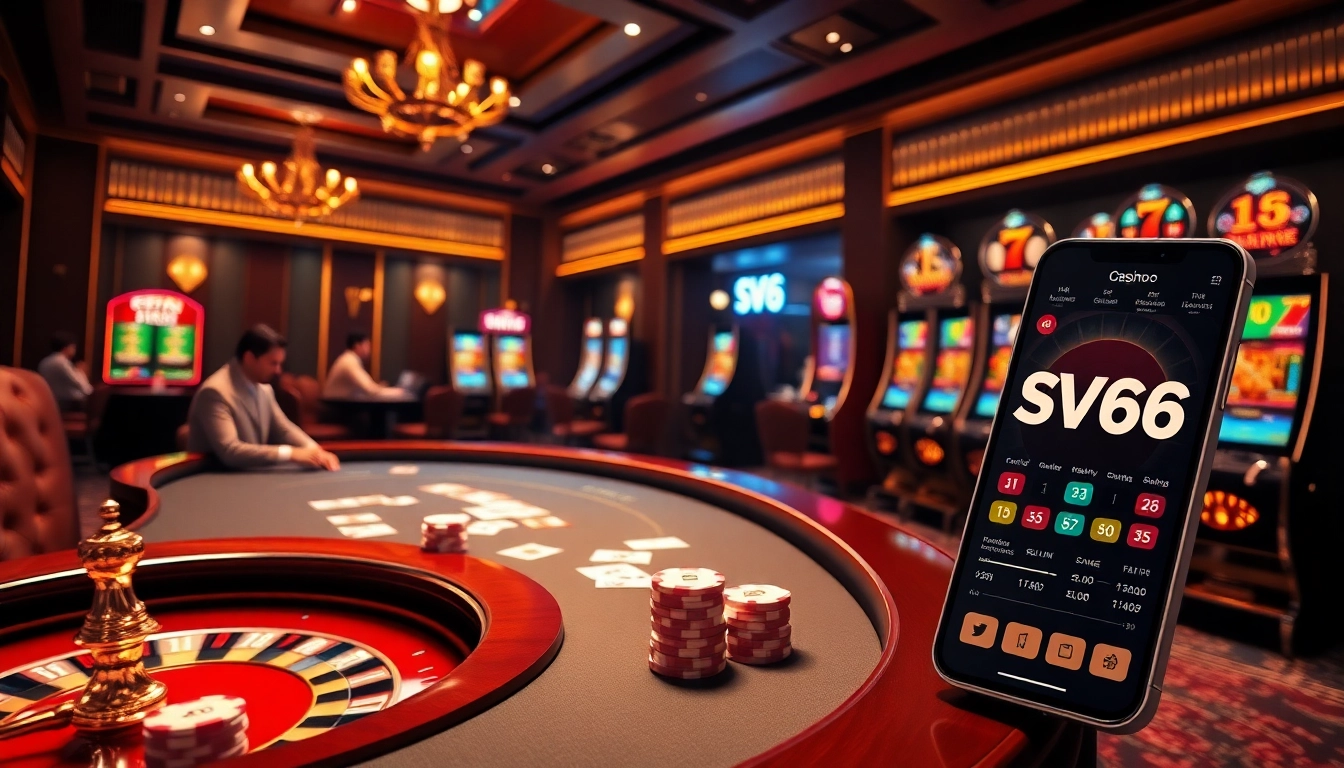 Experience the excitement of SV66 as players engage in high-stakes poker with vibrant chips and cards.