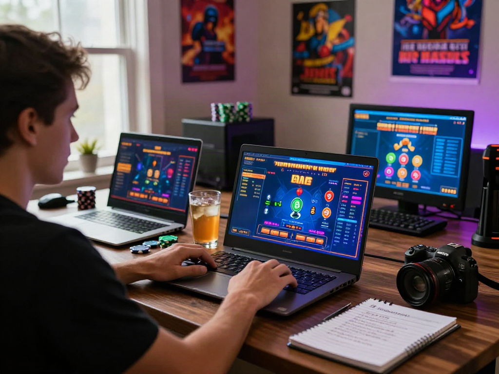 Exciting gameplay experience at casinos not on gamstop, featuring user on laptop with vibrant graphics.