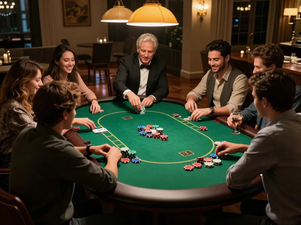 Fly88 players enjoying a thrilling home poker game around an elegant table with vibrant chips.