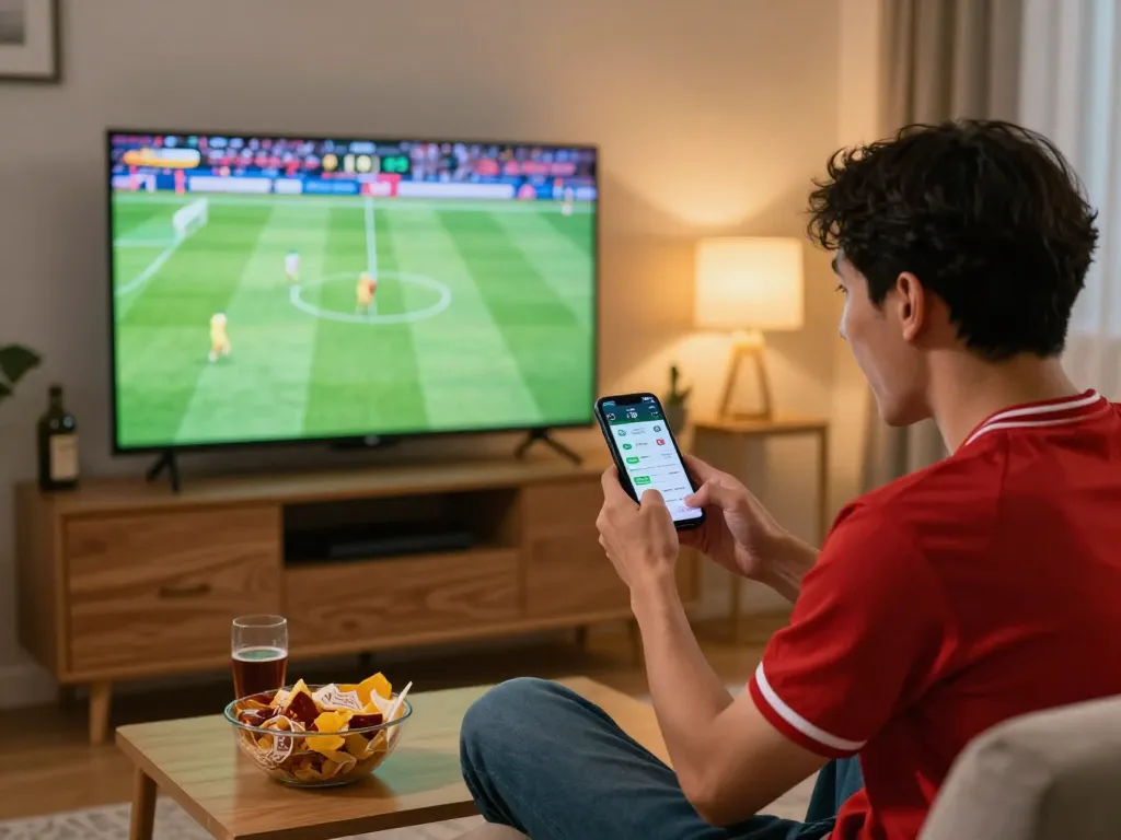 Watching a live football match while checking real-time kết quả bóng đá on a smartphone app at home.