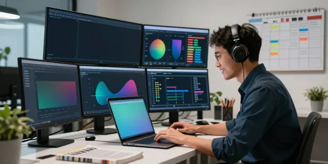 Professional workspace highlighting instant indexing analytics on multiple monitors.