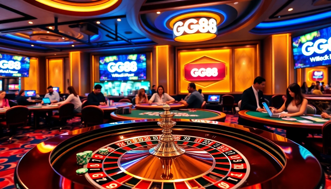 Gamblers enjoying a thrilling game at GG88's luxurious casino, featuring roulette and poker.