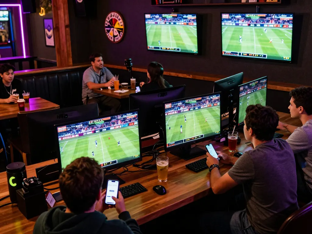 Engaged bettors at a sports bar using https://tt88n0hu.com/ to place live bets on multiple screens.