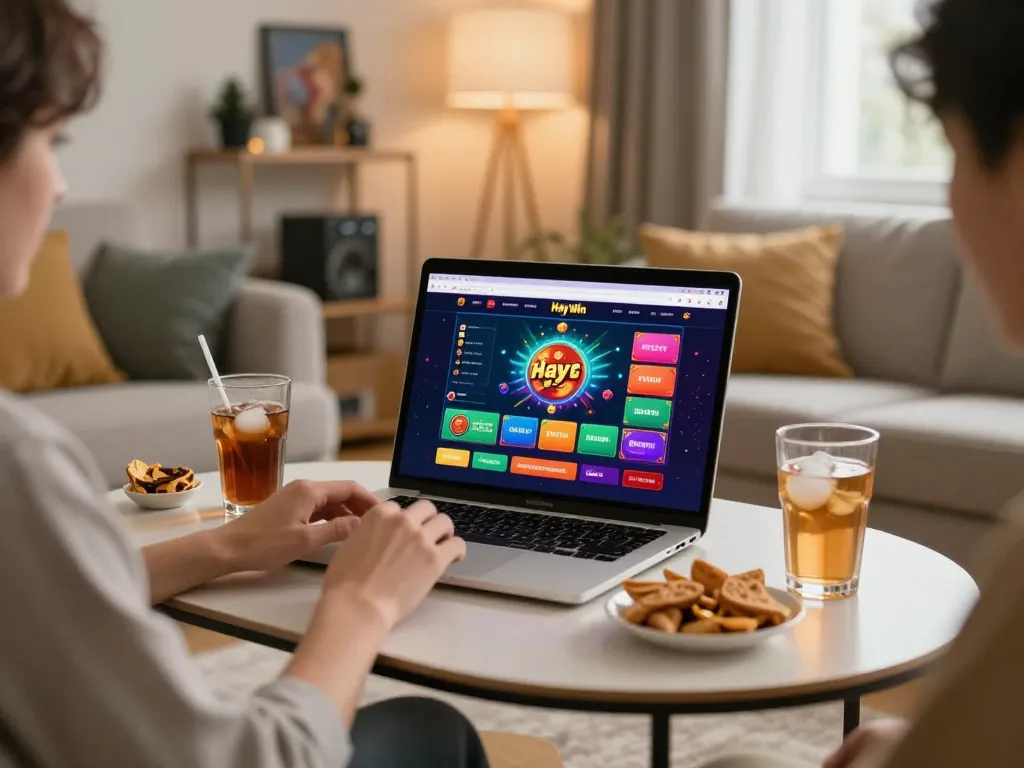 Playing casino games on Hay Win's platform while enjoying snacks in a cozy atmosphere