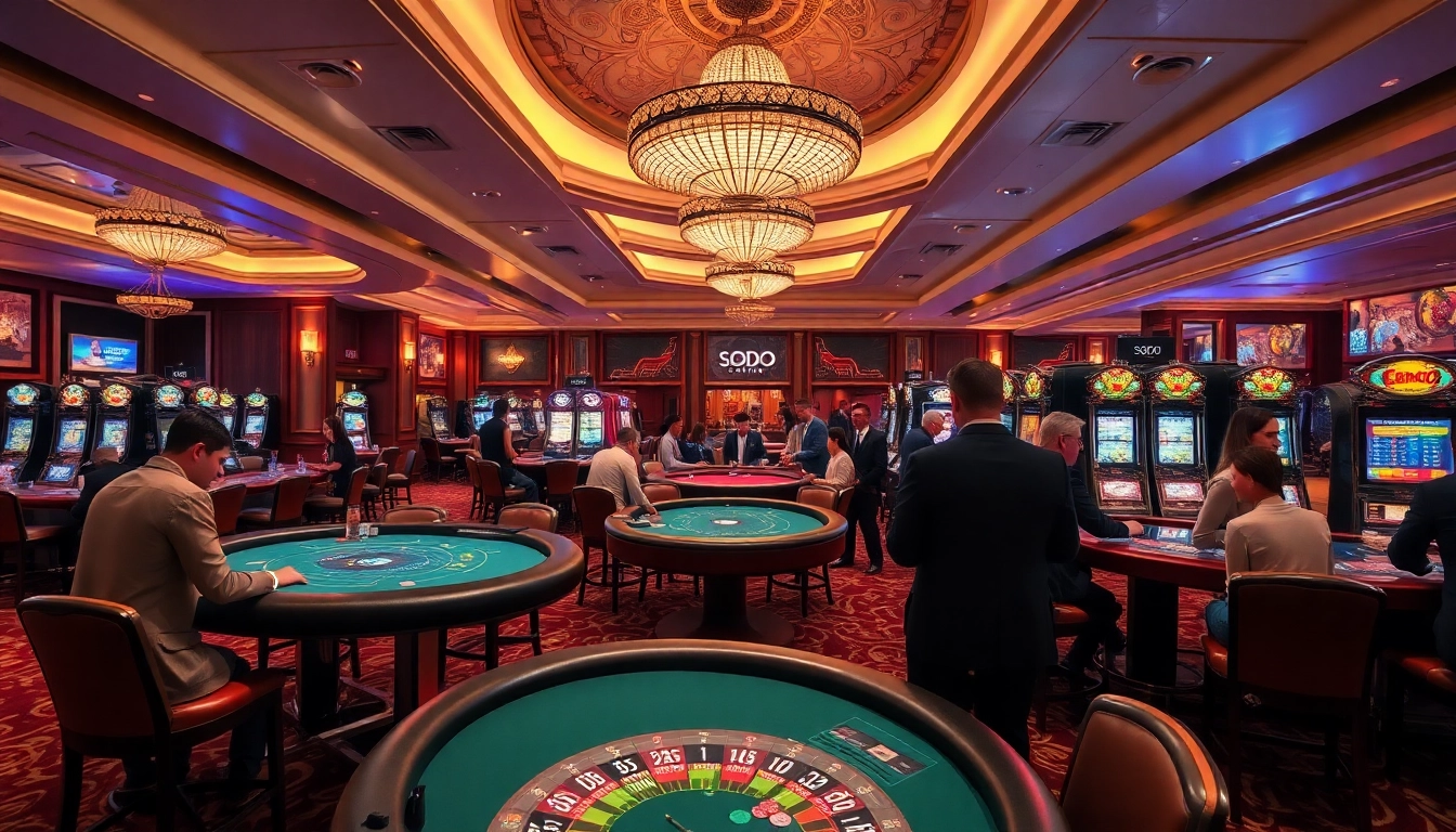 SODO Casino interior showcasing vibrant gaming tables and slot machines with excited players.