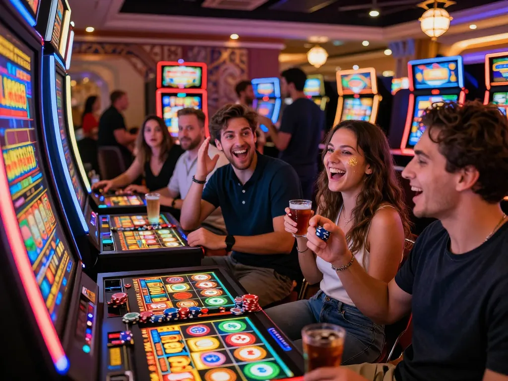 Friends celebrating wins while playing lucky88 slot machine in a vibrant casino.