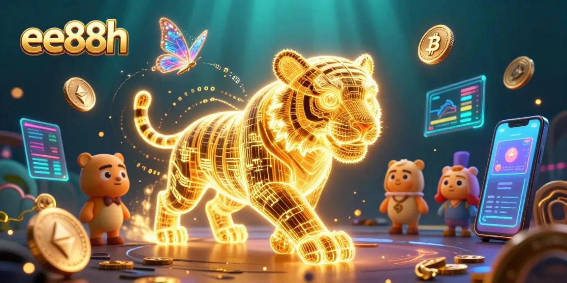 Experience ee88h with a dynamic digital casino scene, featuring a neon tiger and crypto elements.