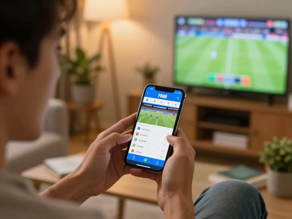 Player engaged with fb88 mobile app for sports betting in a cozy home setting