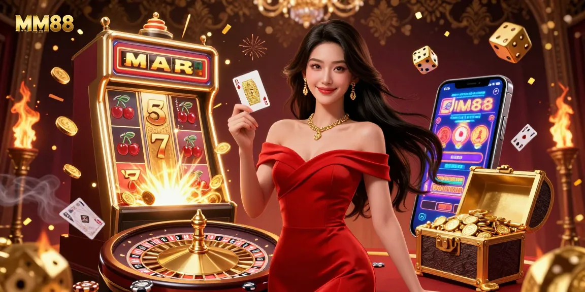 Experience the vibrant world of MM88 casino, showcasing a stunning woman with a golden playing card amidst dynamic gaming elements.