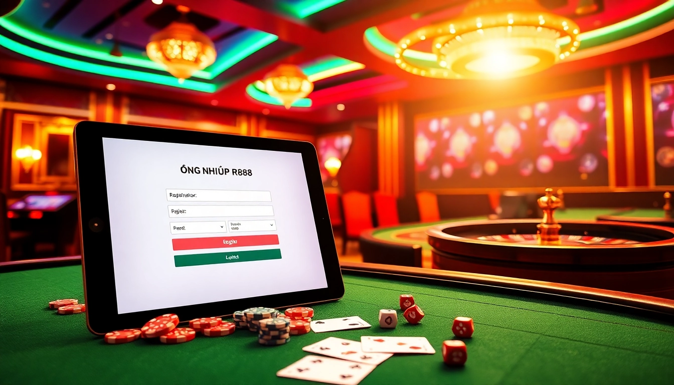 Engaging with ĐĂNG NHẬP RR88 on an elegant online gambling interface in a luxurious casino setting.