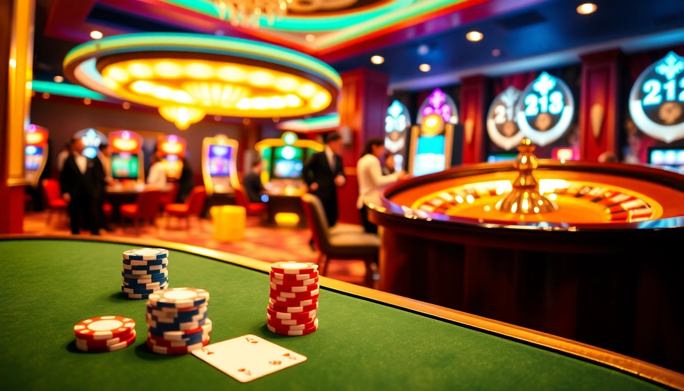 Engaging in the Đăng Ký Nhà Cái 68VIP experience at a vibrant casino scene filled with poker chips and excited players.
