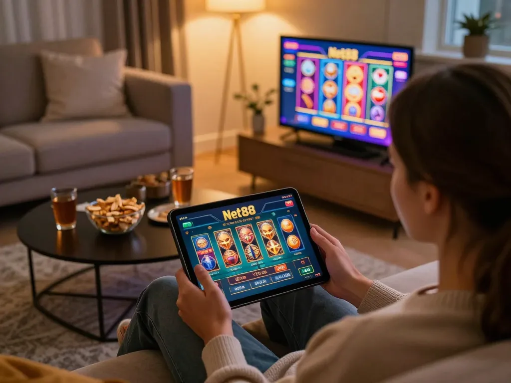 Engaged player exploring Net88's exciting online casino games on tablet.