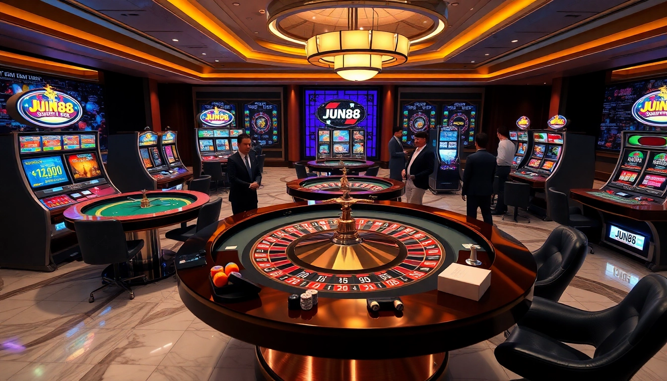 Engage in thrilling gaming experiences at Jun88, where poker chips and game strategies come to life.