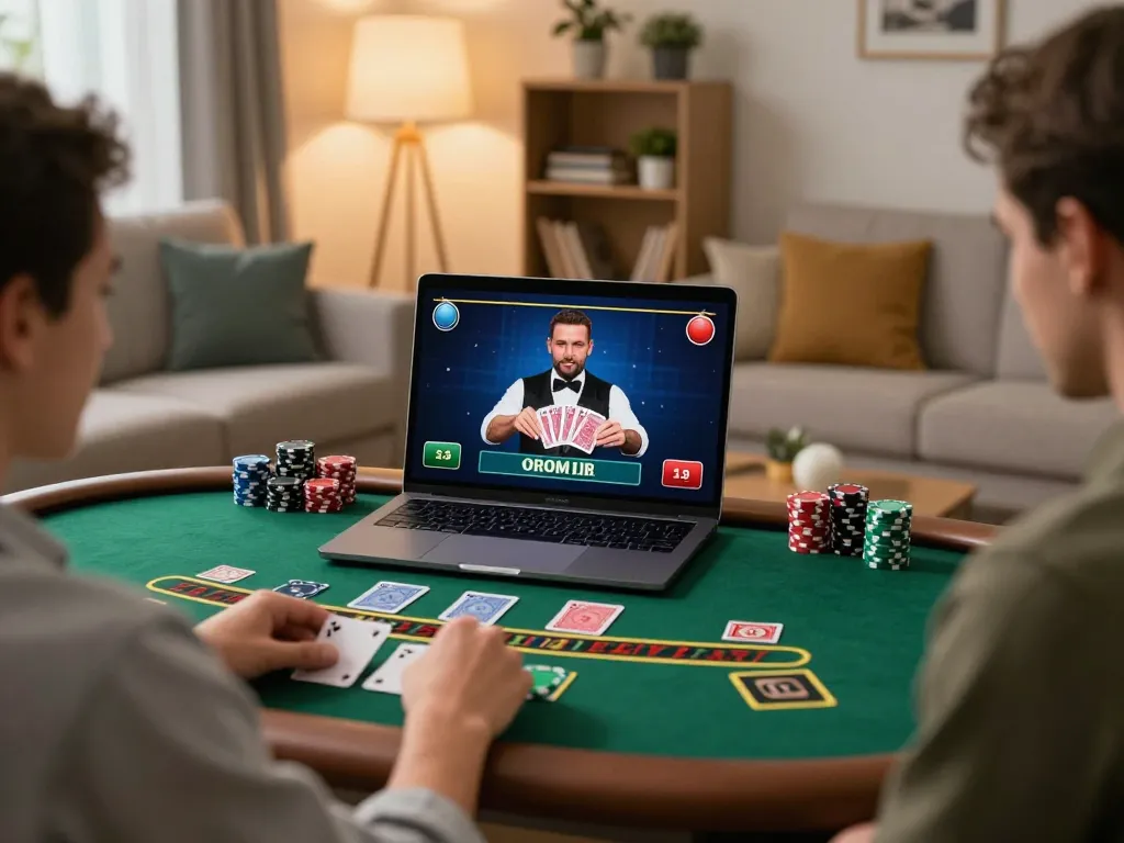 Player engaging with online blackjack at home in cozy settings, showcasing the go8 gaming experience.