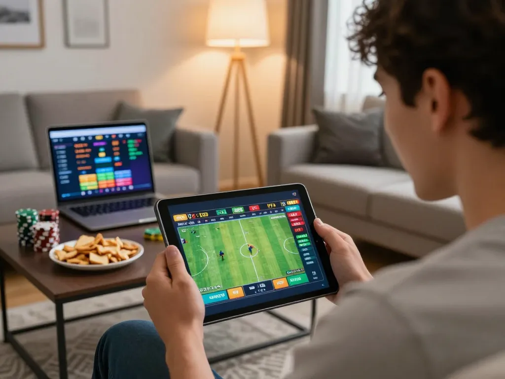 Player engaging in sports betting on JUN88 tablet in a cozy home atmosphere
