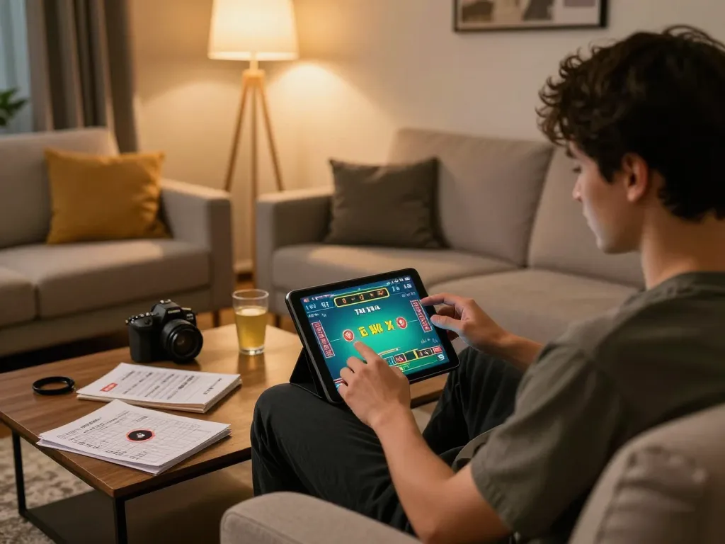 Player enjoying tai xiu online on tablet in cozy home setting, immersed in gaming strategy.
