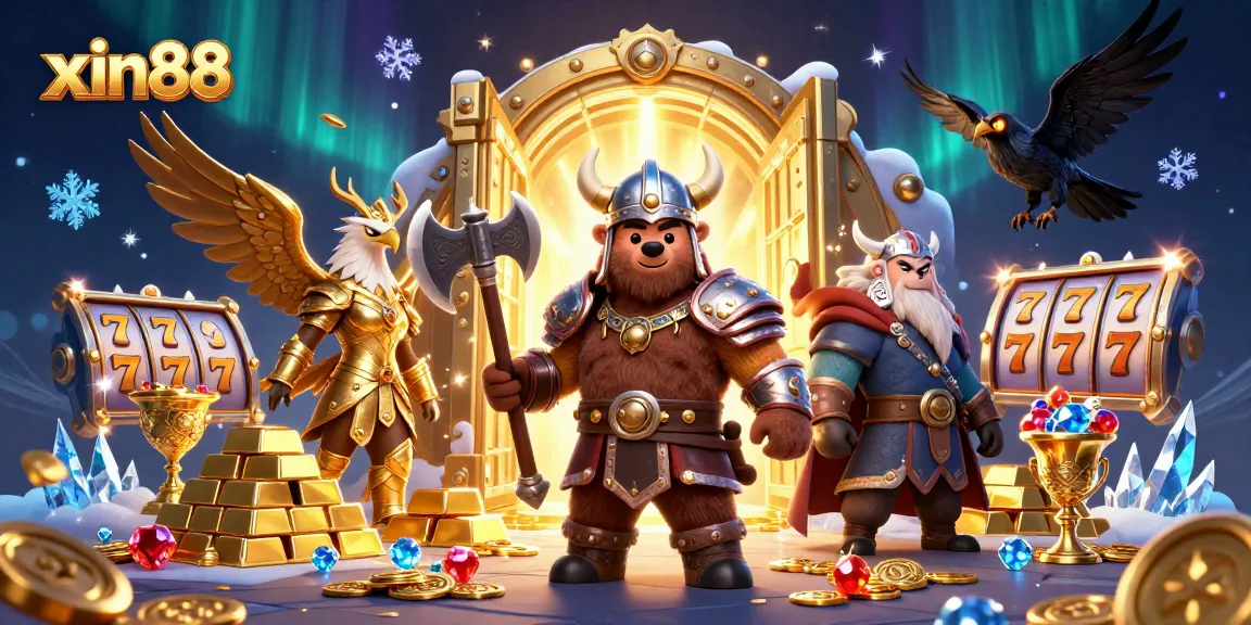 Experience thrilling betting at xin88 with a vibrant 3D casino illustration featuring Viking characters and treasure.