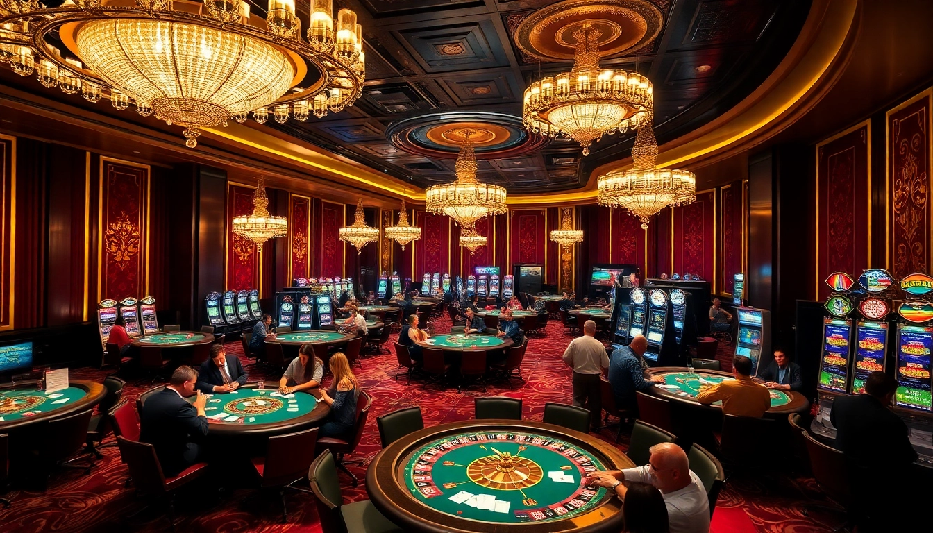 Experience excitement at https://2haywin.art/ with a vibrant casino scene featuring poker tables and roulette wheels.