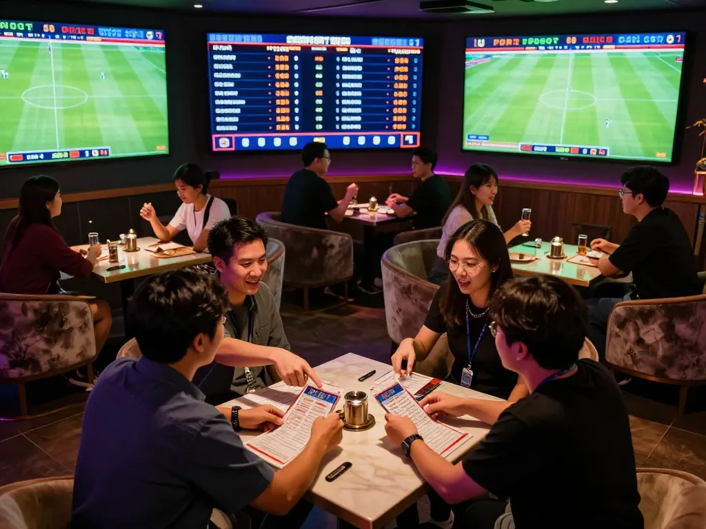 Engaged players analyzing kèo nhà cái 5 odds in a lively sports betting lounge atmosphere.