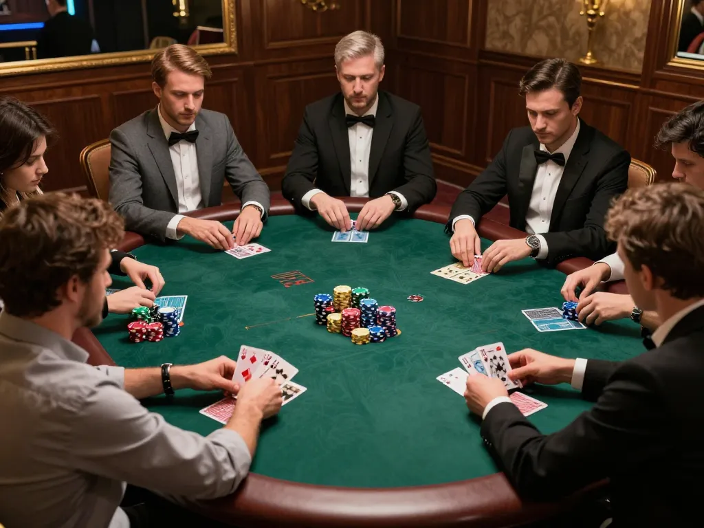 Players enjoying high-stakes poker at 789win casino, analyzing cards and betting strategically.