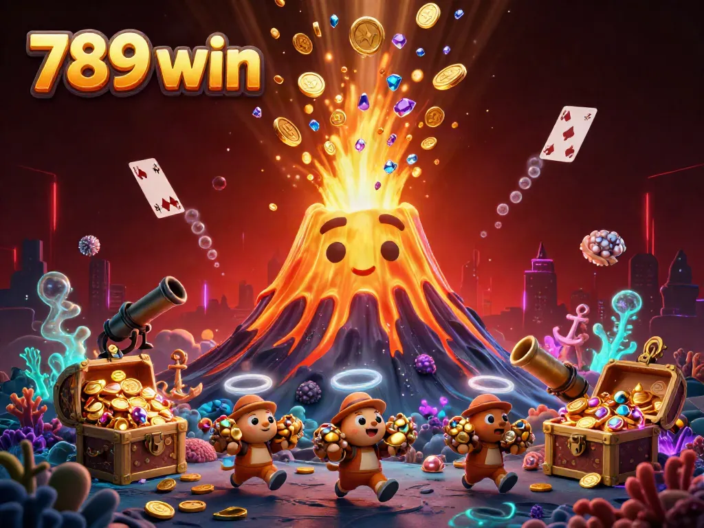 Explore the vibrant world of 789 win with a golden volcano erupting treasure and tiny explorers.