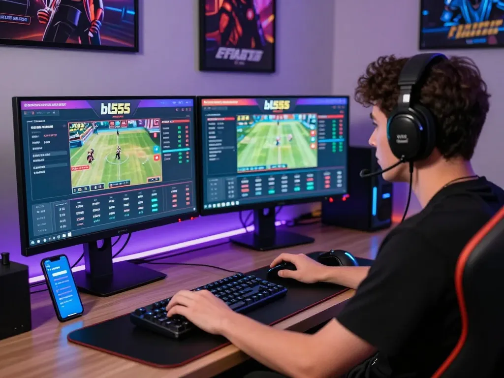 Gamer immersed in bl555 online betting experience, engaging with live statistics on multiple screens in a modern workspace.