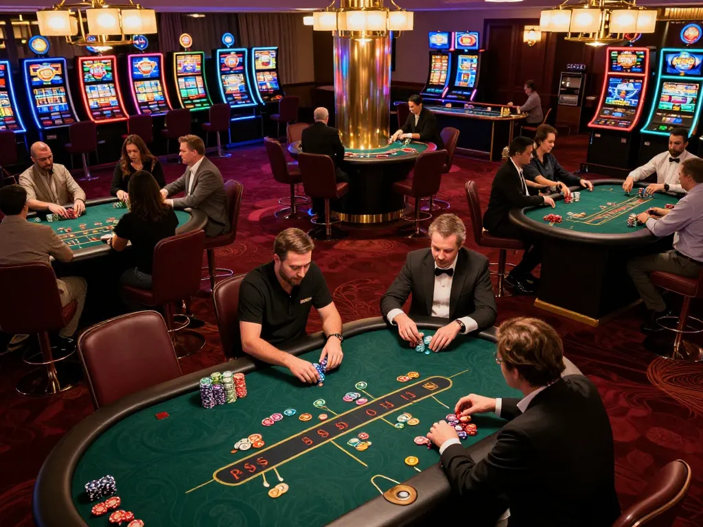 GO8 players enjoying a vibrant casino atmosphere at gaming tables, engaging in thrilling gameplay.