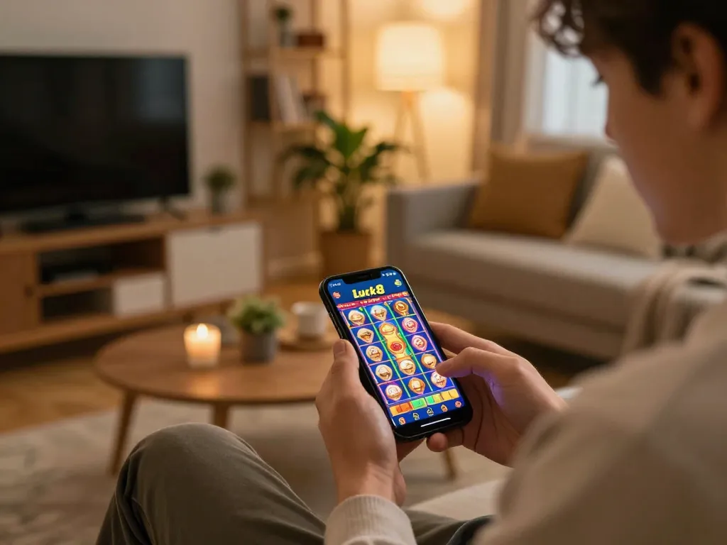 Player engaging with the Luck8 app during an online gaming session in a cozy setting.