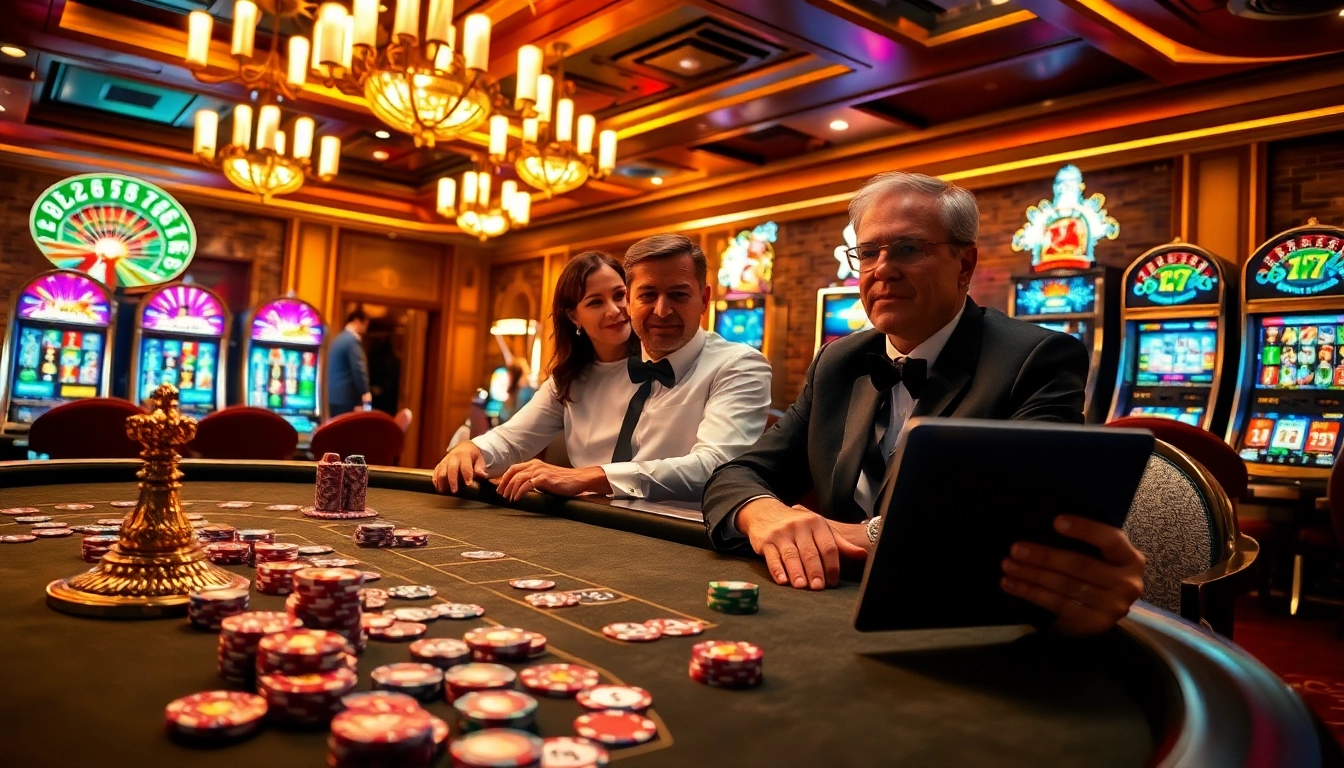 Engaging atmosphere at ok9 casino with vibrant poker table, roulette wheel, and online betting interface.