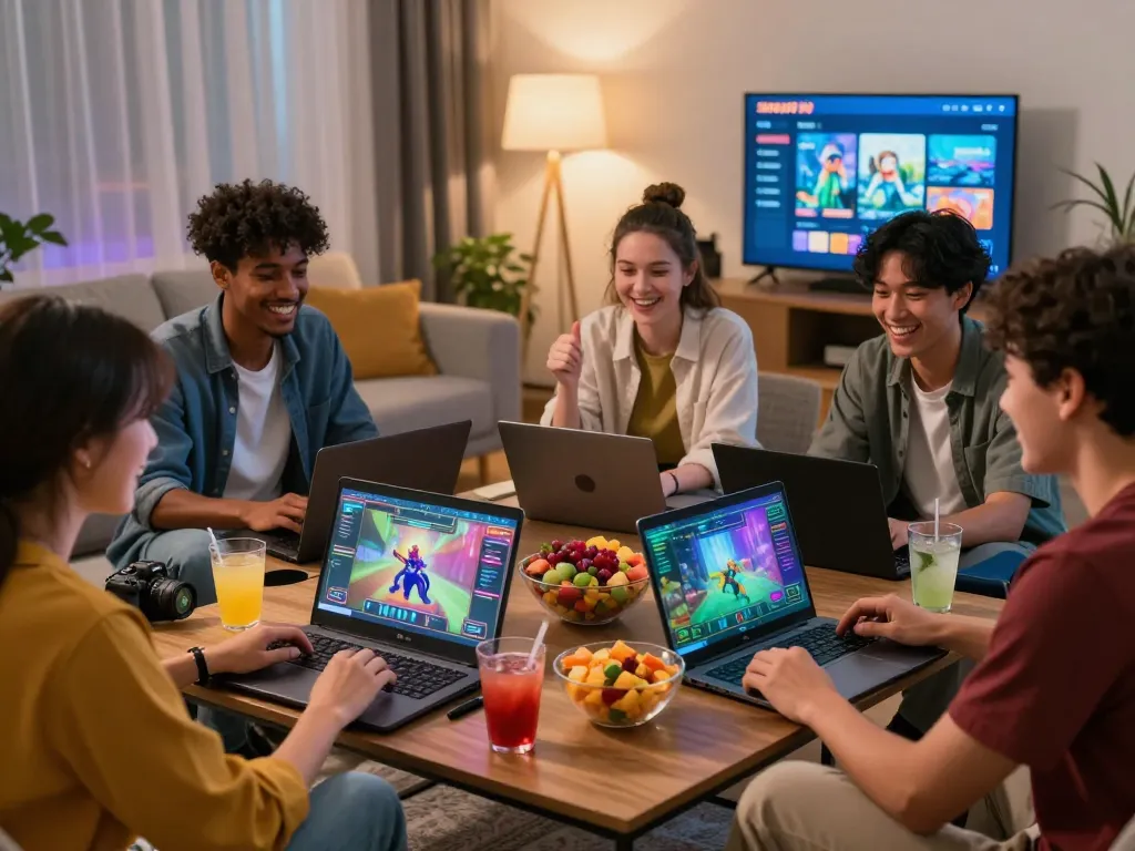 Friends engaging with the sunwin online gaming platform in a vibrant home setting.