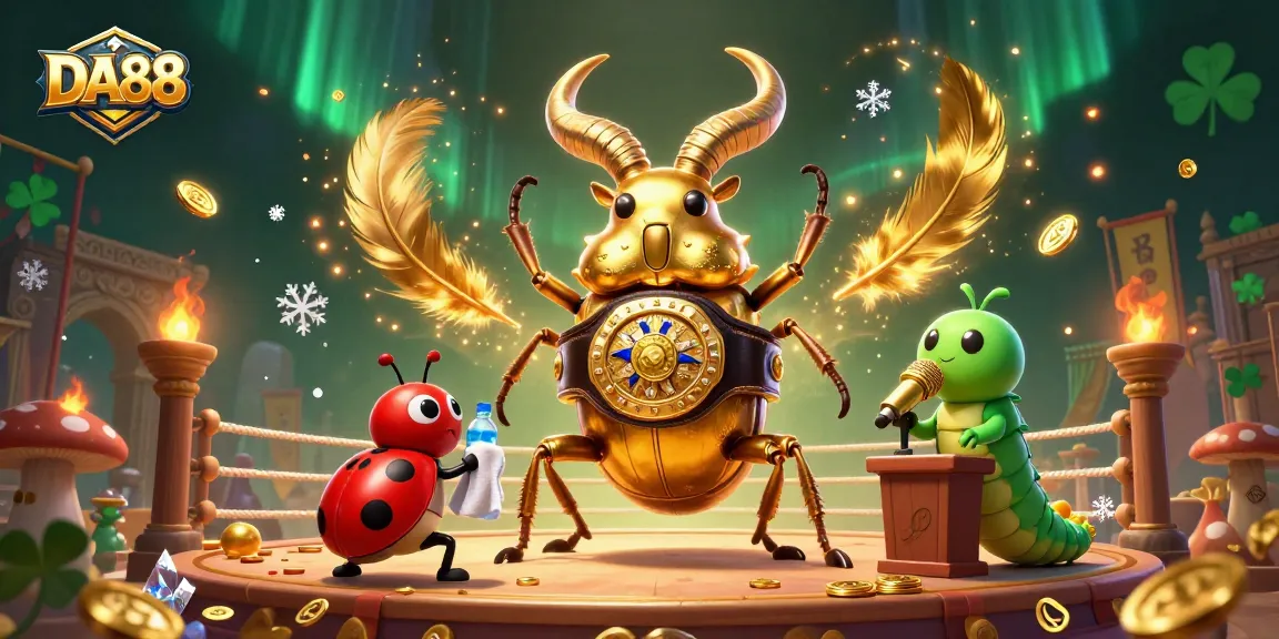 Experience the thrilling DA88 online casino arena, featuring a golden stag beetle boxing champion surrounded by vibrant gambling elements.
