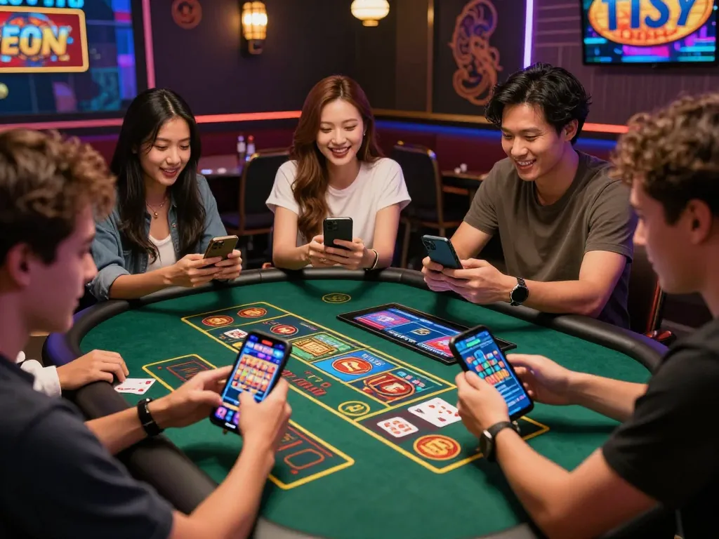 Engaging scene of friends enjoying online gambling at nhà cái TG88, showcasing live casino games and digital excitement.