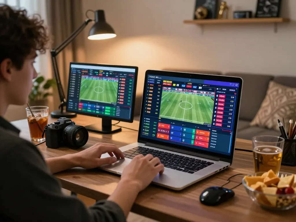 Person placing bets on sports using betting app while checking ผลบอล scores on multiple screens.