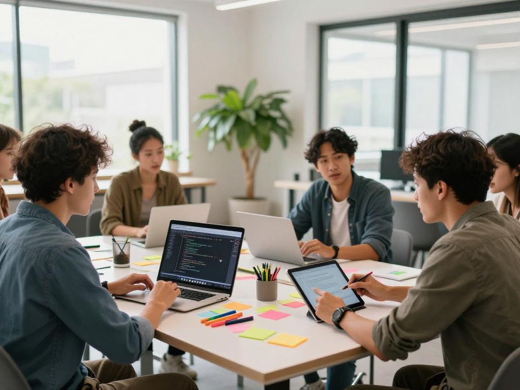 Collaborative tech workspace with diverse professionals focusing on ia +18 coding and brainstorming.