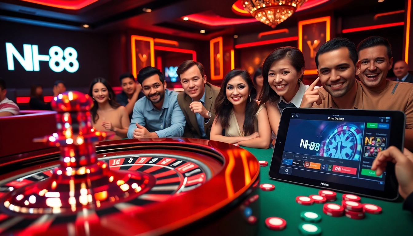 Exciting casino atmosphere with NH88 branding and vibrant gaming elements.
