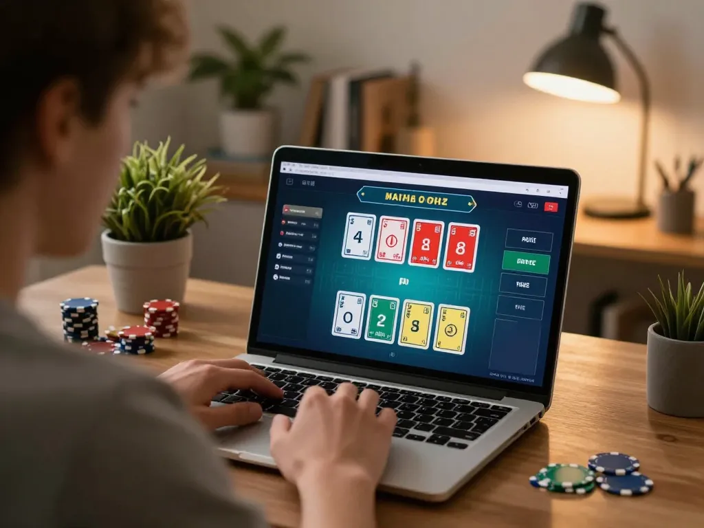 Alo8 user strategizing in online poker game, showcasing comfortable home office setting.