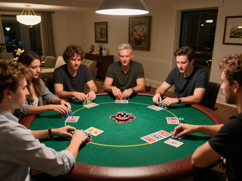 Friends enjoying an intense poker game at home, emphasizing strategic gameplay for 79kingt1.