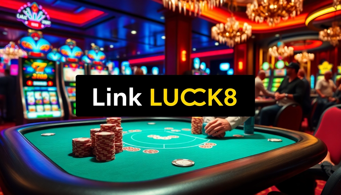 Players betting at a casino table under the vibrant 'Link LUCK8' branding, showcasing excitement and engagement.
