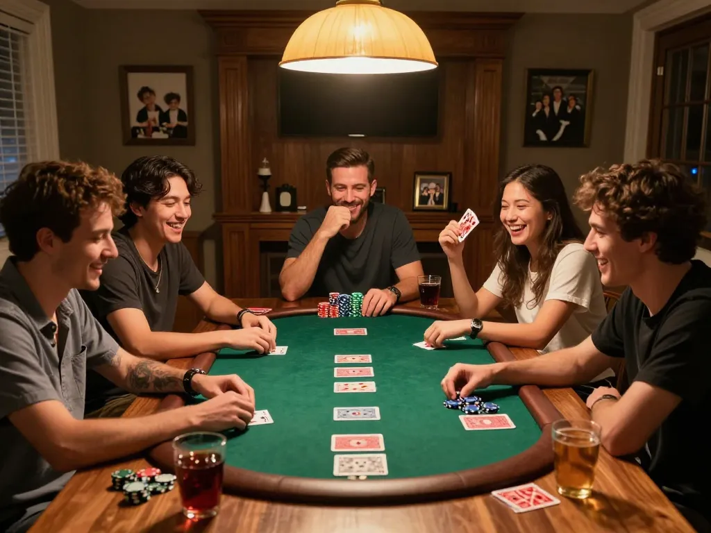 Friends enjoying an energetic poker game night at home, showcasing fun and strategy with 888b.