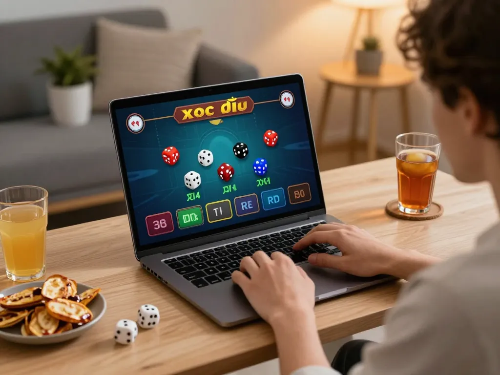 Engaged player placing bets on xóc đĩa in a cozy home setup for an online gaming experience.