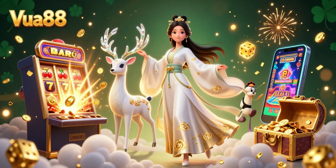 Vua88 features a beautiful Asian woman in traditional attire surrounded by dynamic casino elements.