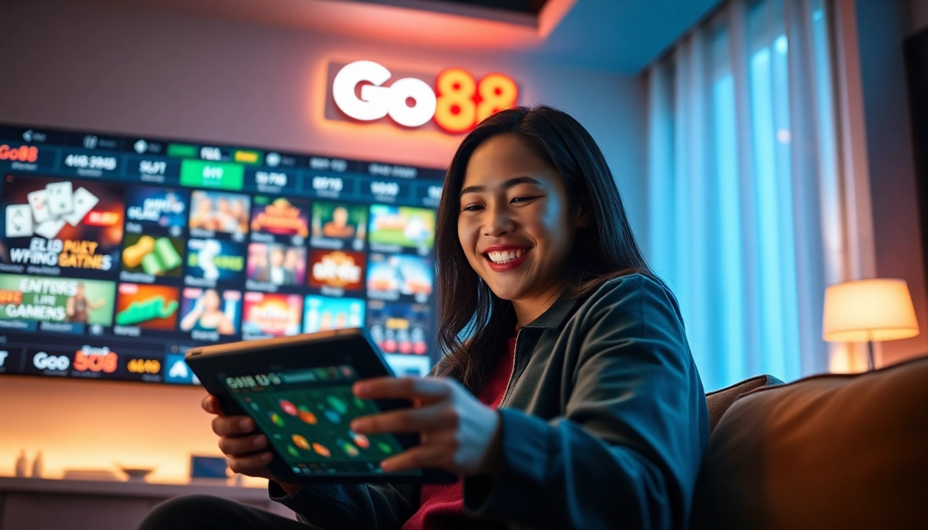 Engaging online gaming scene with Go88 branding, showcasing diverse games and a happy user.