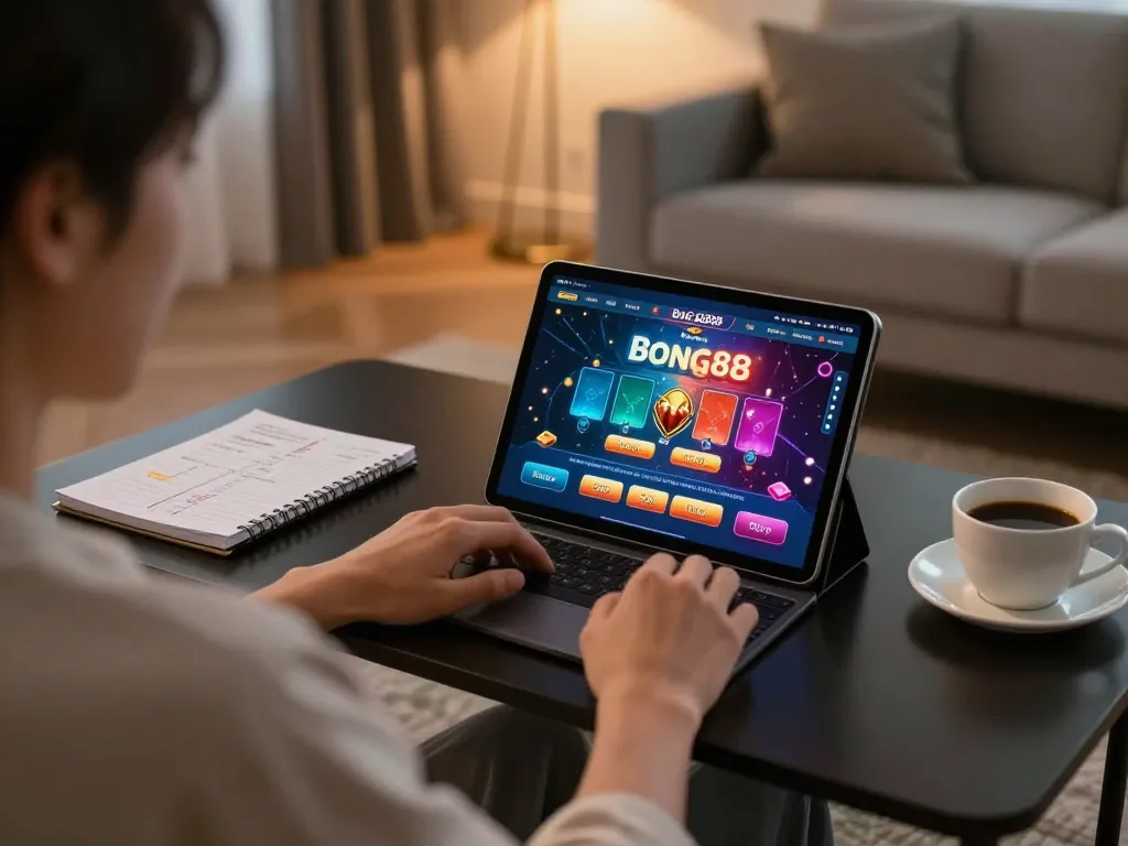 Engaging in online gaming at bong88 with a tablet, showcasing strategic insights and a cozy atmosphere